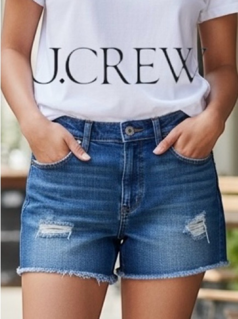J.Crew Indigo Denim Distressed Raw Hem Jean Shorts • Size 27